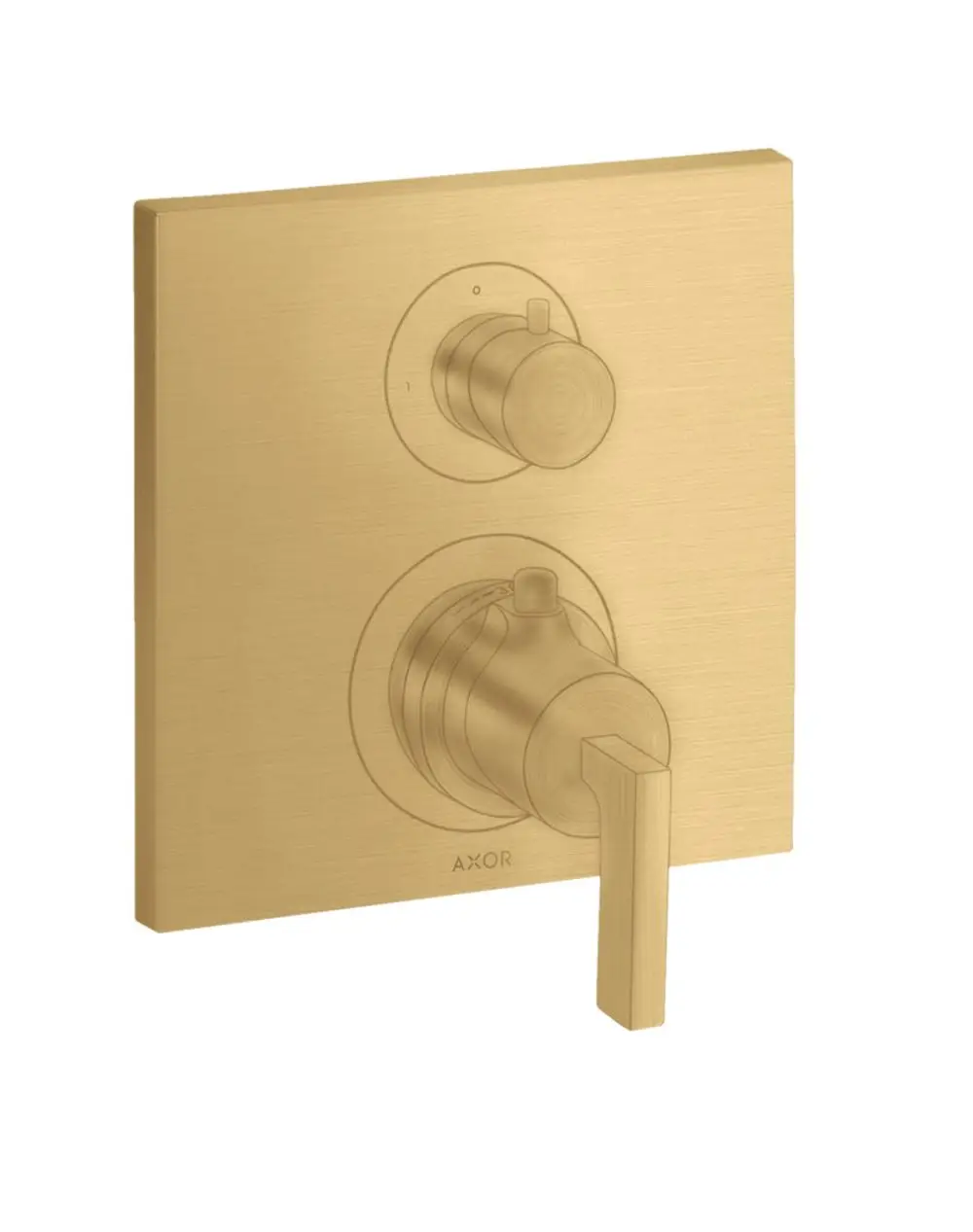 Unterputz-Thermostat mit zwei Bedienelementen, einem Hebelgriff und einer gebürsteten Gold-Optik. Marke AXOR sichtbar.